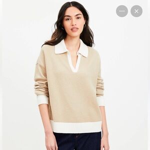 NWT LOFT Colorblock V-neck Sailor Sweater Tan White Size L Minimalist #754409